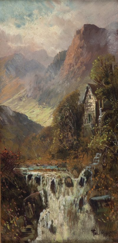 Moulin, cascade et montagne, Bodhyfryd (huile sur carton) - Francis E. Jamieson