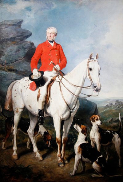 Portrait de Charles Trelawny, Esq., maître de la chasse de Dartmoor, sur son chasseur préféré Grimaldi, avec les chiens Conqueror, Lounger et Windermere - Francis Grant