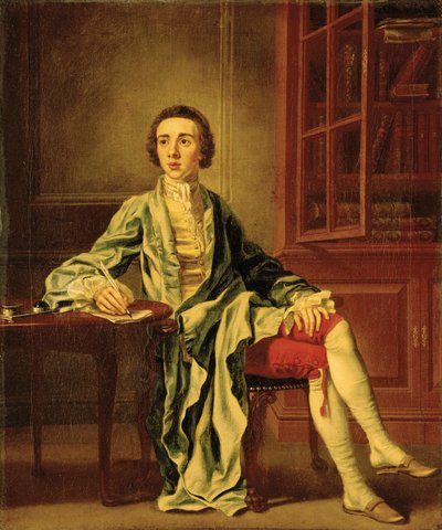 Portrait de Joseph Henry de Straffan, Co. Kildare, en pied, assis à une table écrivant une lettre, en manteau bleu, gilet jaune et culotte rouge, à côté d