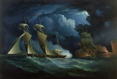 Un brick des douanes engageant le pirate Will Watch - Francis Hustwick