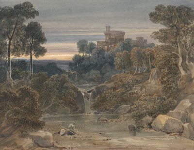 Paysage avec château, cascade et ruisseau au premier plan - Francis Oliver Finch