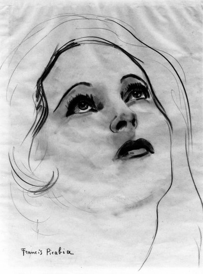 Visage de femme aux yeux levés, par Francis Picabia (1879-1953) ; crayon graphite et aquarelle sur papier. - Francis Picabia