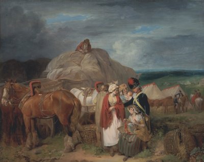 Soldat avec des paysannes vendant des rubans, près d