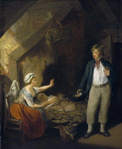 Le retour du marin, intérieur de la chaumière : chambre, avec la femme et la mère allongées dans le lit, le seul mobilier de la pièce, avec des murs en briques nues - Francis Wheatley