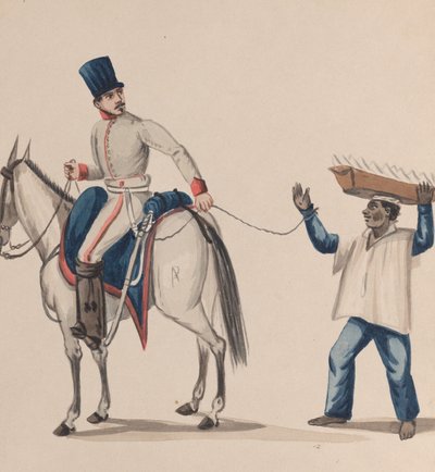 Un soldat à cheval tenant une corde qui sécurise un esclave indigène équilibrant une assiette - Francisco