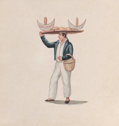Un vendeur de tortillas équilibrant un plateau sur sa tête, d