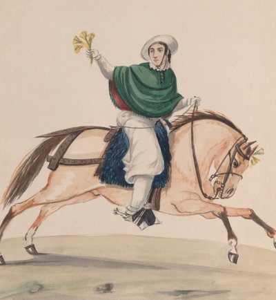 Une femme élégamment vêtue à cheval, d