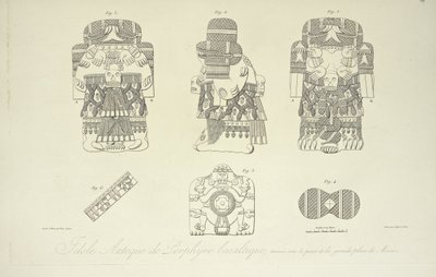 Idole aztèque en porphyre basaltique, trouvée sous la Grand-Place de Mexico, gravée par Cloquet, illustration de 