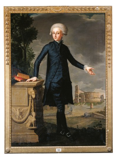 Portrait de Don Juan Despuig y Zaforteza, en pied, en costume noir, signé et inscrit - Francisco Agustín y Grande