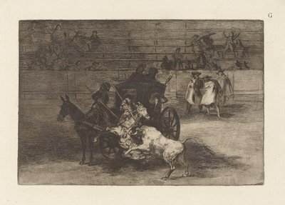 Combat dans une voiture attelée de deux mulets (Planche G de La tauromachie, troisième édition) - Francisco de Goya