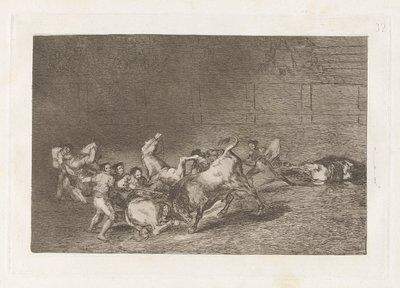 Dos grupos de picadores arrolados de seguida por un solo toro, Planche 32 de La tauromaquia - Francisco de Goya