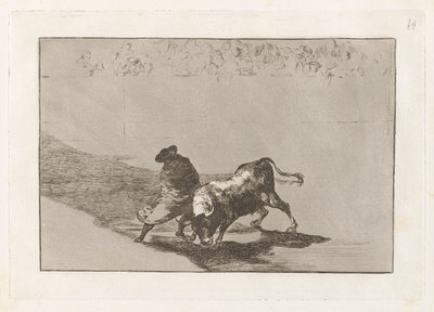 Le très habile étudiant de Falces, enveloppé dans sa cape, trompe le taureau avec le jeu de son corps, Planche 14 de La tauromachie - Francisco de Goya
