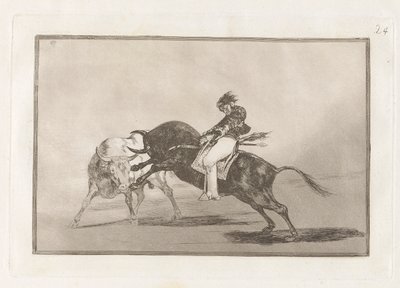 El mismo Ceballos montado sobre otro toro quiebra rejones en la plaza de Madrid, Planche 24 de La tauromaquia - Francisco de Goya