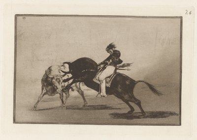 El mismo Ceballos montado sobre otro toro quiebra rejones en la plaza de Madrid, Planche 24 de La tauromaquia - Francisco de Goya