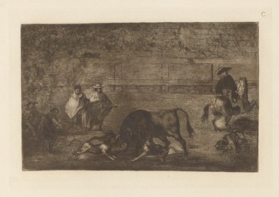 Les chiens lâchés sur le taureau, Planche C de La tauromachie (troisième édition) - Francisco de Goya