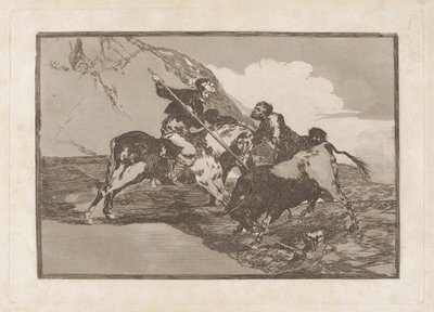 Modo con que los antiguos españoles cazaban los toros a caballo en el campo (La manière dont les anciens Espagnols chassaient les taureaux à cheval dans la campagne), Planche 1 de La tauromaquia - Francisco de Goya