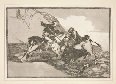 Modo con que los antiguos españoles cazaban los toros a caballo en el campo (La manière dont les anciens Espagnols chassaient les taureaux à cheval en plein champ), pl. 1 de la série La tauromaquia - Francisco de Goya
