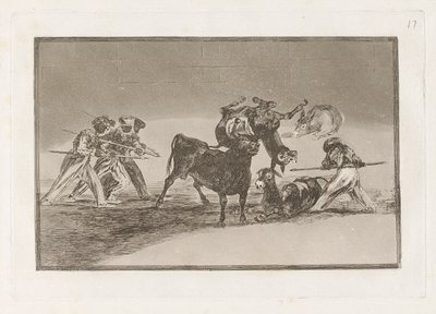 Les Maures utilisent des ânes comme barrière pour se défendre contre le taureau aux cornes emboulées, Planche 17 de La tauromachie - Francisco de Goya