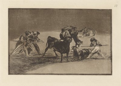 Les Maures utilisent des ânes comme barrière pour se défendre contre le taureau aux cornes emboulées, Planche 17 de La tauromachie - Francisco de Goya