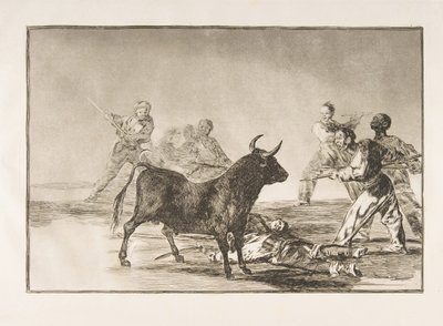 Planche 12 de la Tauromachie : La foule coupe les jarrets du taureau avec des lances, des faucilles, des bande..., 1816 - Francisco de Goya