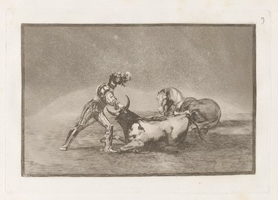 Un caballero espagnol tue le taureau après avoir perdu son cheval, Planche 9 de La tauromaquia - Francisco de Goya