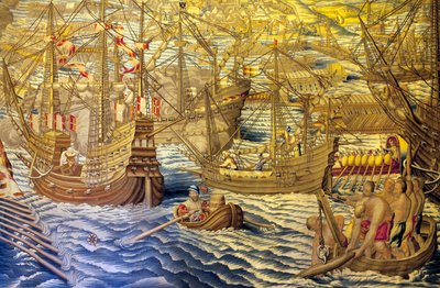 Les navires et les embarcations - (détail) de la conquête de Tunis - Tapisserie par Francisco et Cornelius Van der Goten (18ème siècle), tissée à la manufacture royale de tapisseries, milieu du 18ème siècle, d