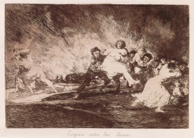 GOYA Y LUCIENTES, Francisco de (1746-1828). Ils échappent aux flammes. 1810-1812. (16,1 x 23,3 cm). Planche 47 de «Les Désastres de la guerre». Eau-forte. ESPAGNE. MADRID (COMMUNAUTÉ AUTONOME). Madrid. Bibliothèque Nationale - Francisco Jose de Goya y Lucientes
