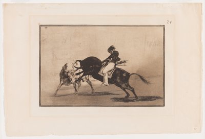 Planche 24 de La Tauromaquia: Le même Ceballos monté sur un autre taureau casse des lances courtes dans l