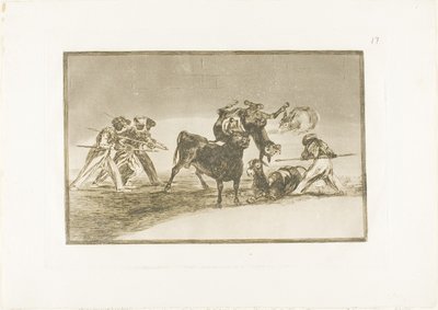 Les Maures utilisent des ânes comme barrière pour se défendre contre le taureau dont les cornes ont été garnies de boules, planche 17 de L