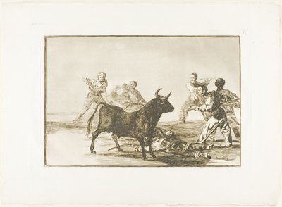 La populace coupe les jarrets du taureau avec des lances, des faucilles, des banderilles et d