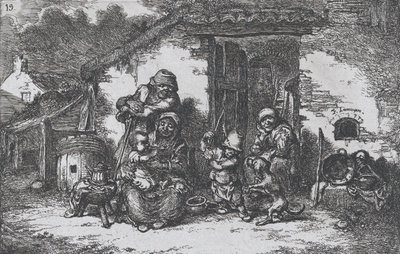 Planche 19 : une famille et un garçon jouant avec un chien devant une maison, de la série des coutumes, 1850 - Francisco Lameyer Berenguer