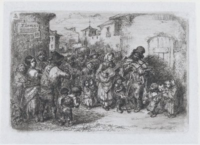 Planche 3 : un groupe de musiciens de rue, de la série des coutumes et passe-temps espagnols, 1850 - Francisco Lameyer Berenguer