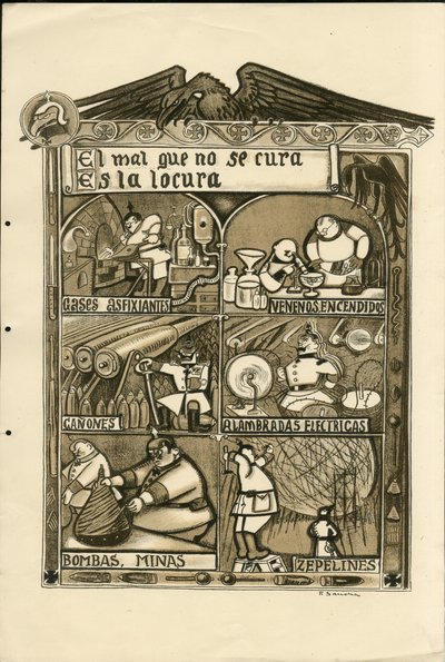 Illustration par Francisco Sancha Lengo - Feuille volante, vers 1915 - El mal que no se cura es la locura - Guerre de 14-18, Allemagne Prusse, Gaz asphyxiant, Langue espagnole, Presse étrangère - Francisco Sancha y Lengo