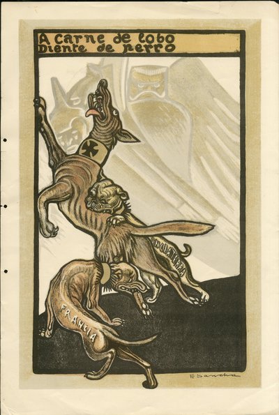 Illustration de Francisco Sancha Lengo (1874-1936) - Feuille volante, vers 1915 - A carne de lobo diente de perro - Guerre de 14-18, Allemagne Prusse, Angleterre Grande-Bretagne, Belligérants et symboles, France, Langue espagnole, Presse étrangère - Guilla - Francisco Sancha y Lengo