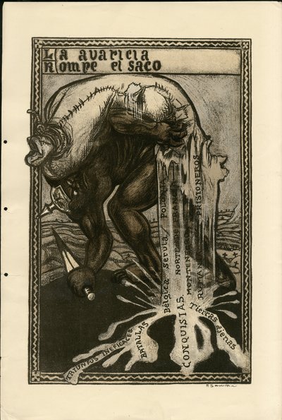 Illustration de Francisco Sancha Lengo - Feuille volante, vers 1915 - Guerre de 14-18, Allemagne Prusse, Argent, Belligérants et symboles, Langue espagnole, Presse étrangère - Francisco Sancha y Lengo