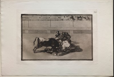 Corridas : Un picador est désarçonné et tombe sous le taureau - Francisco de Goya