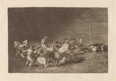 Dos grupos de picadores arrollados de seguida por un solo toro - Francisco de Goya