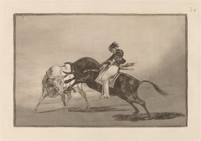 El mismo Ceballos montado sobre otro toro quiebra rejones en la plaza de Madrid - Francisco de Goya