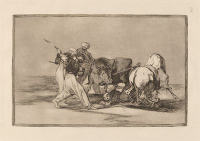 Les Maures établis en Espagne, abandonnant les superstitions de leur Coran, adoptèrent cet art de la chasse et lancèrent un taureau dans le champ - Francisco de Goya