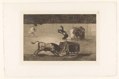 Stierenvechter staand op een tafel in de arena (série La Tauromaquia) - Francisco de Goya