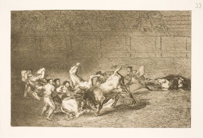 Deux picadors renversés un par un par un seul taureau - Francisco de Goya