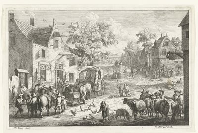 Vue de village avec des voyageurs et des marchands de bétail près d