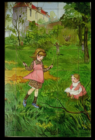 Carreaux décorés avec des enfants jouant dans un jardin - Francisque Poulbot