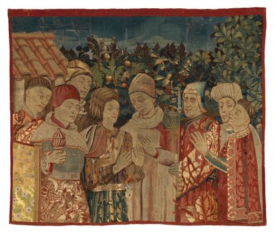 Fragment de tapisserie non identifié avec huit figures, Une Dispute peut-être, 2e moitié du 15e siècle - Franco-Flemish School
