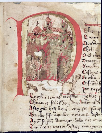 Initiale historiée représentant Attila le Hun (c.406-453) brûlant la ville d