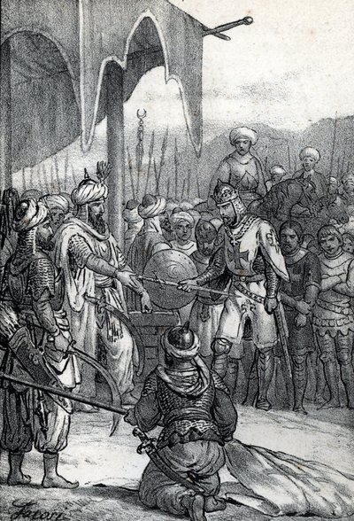Septième croisade : Le roi Louis IX fait prisonnier à la bataille de Fariskur le 6 avril 1250, dessin de « Misteri del Vaticano » par Franco Mistrali - Franco Mistrali