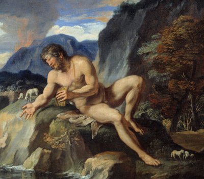 Polyphème le cyclope avec une flûte de Pan, détail de « Acis et Galatée ». La nymphe Galatée et Acis sont observés par le cyclope Polyphème, jaloux de leur amour idyllique. Selon les « Métamorphoses » d