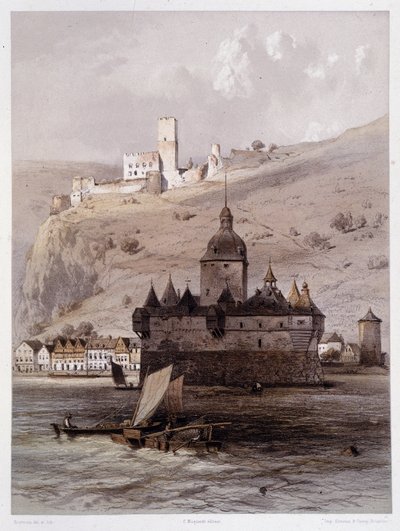 Château à Pfalz, Allemagne. Dans "Le Rhin monumental et pittoresque". Lithographies par Fourmais et Stroobant - Francois Stroobant