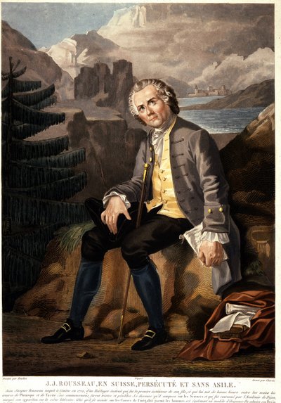 Jean-Jacques Rousseau en Suisse, persécuté et sans asile. Aquatinte par Charon d