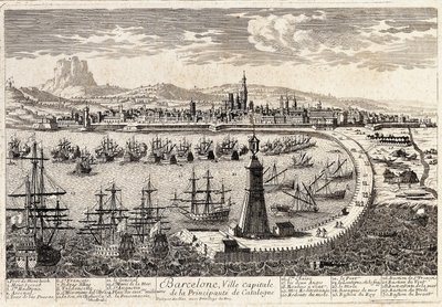 Vue de la ville et du port de Barcelone au 18ème siècle. Gravure de François Antoine Aveline. Barcelone, Museu d